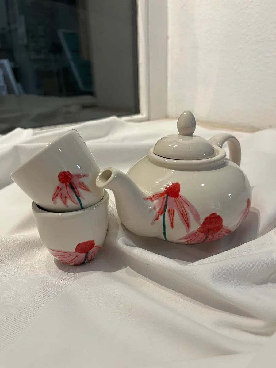 Teekanne mit Becherchen – handbemaltes Unikat 078